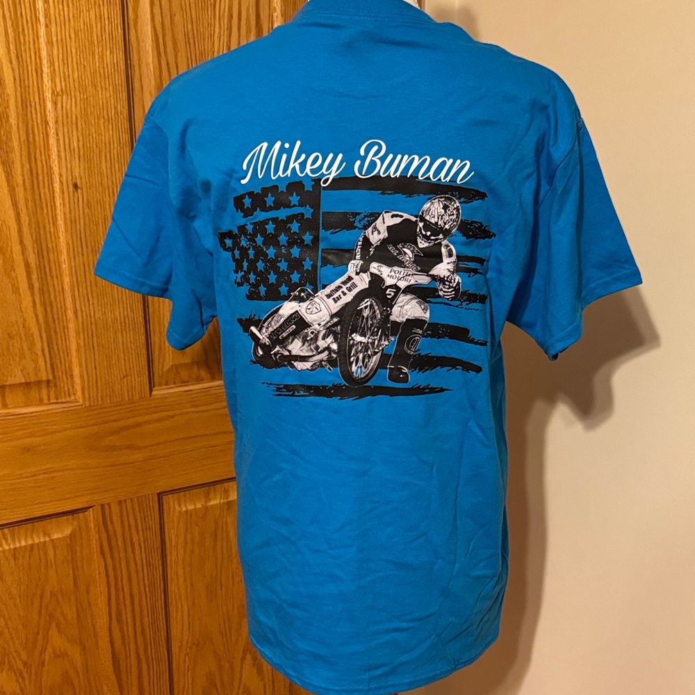 *NEW* Mikey Buman Teal Blue Graphic T-Shirt w/ Speedway Racing Motorcycle Design - Picture 2 of 3